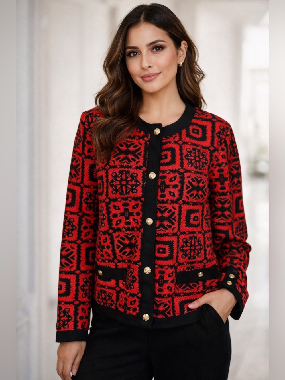 Vintage 70s Stuart Alan Quilted Tapestry Jacket Red Black Gold Buttons USA Made